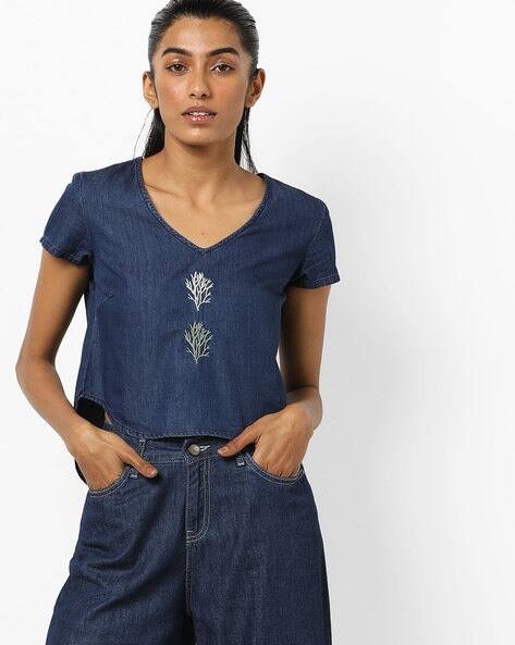 women's short sleeve denim tops