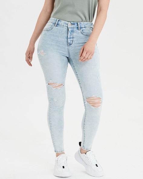 American Eagle super hi-rise skinny jeans with rips in grey