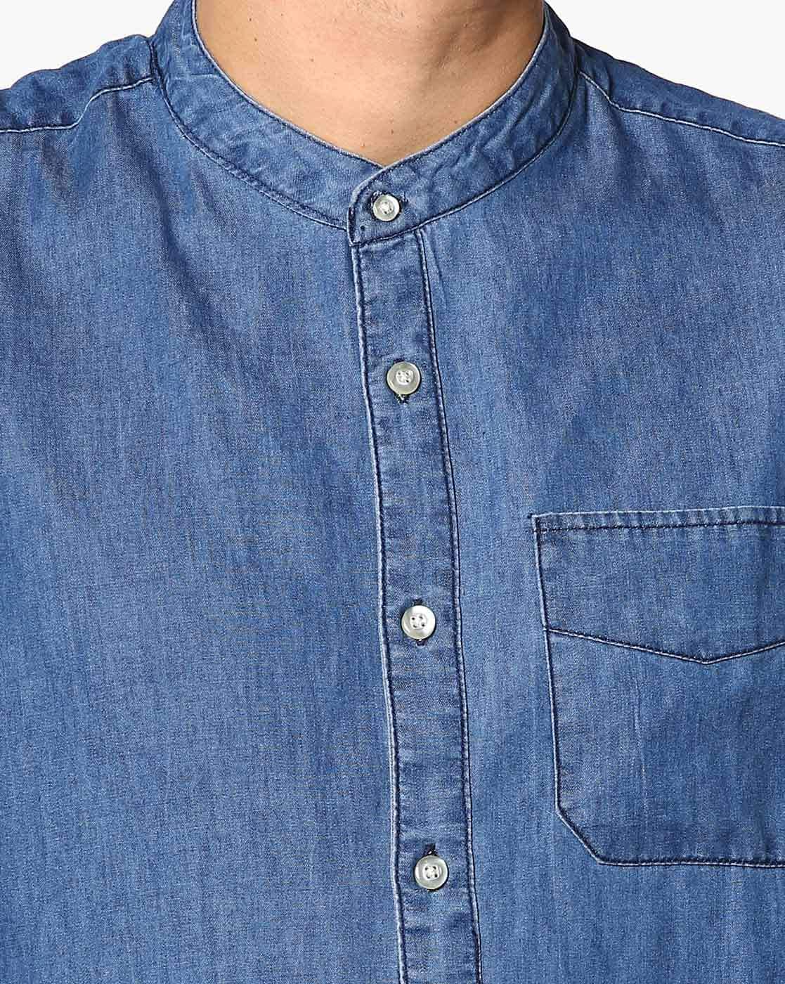 Nehru Collar Denim Grandad Collar Shirt COBB SOLID DENIM BLUE SLIM