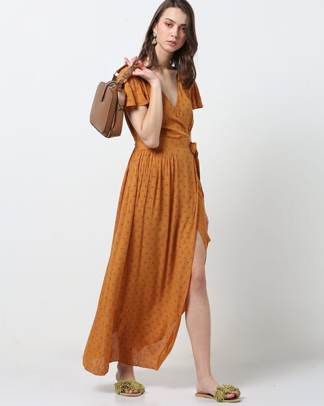 Printed Wrap-Front Maxi Dress with Tie-Up