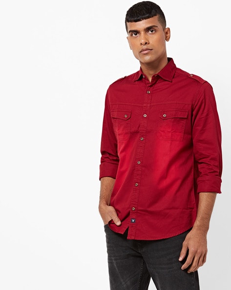 maroon denim shirt