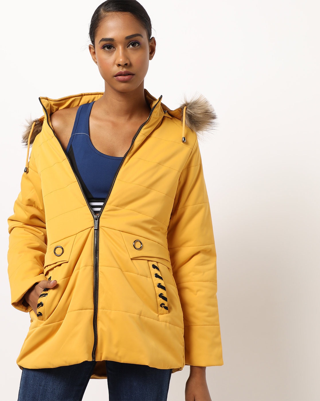 Mustard jacket with outlet fur hood