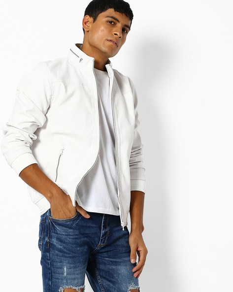 celio white leather jacket