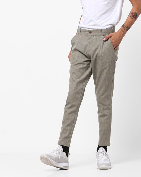 Shop WES Formals Checked Grey Carrot Fit Trousers Online – Westside