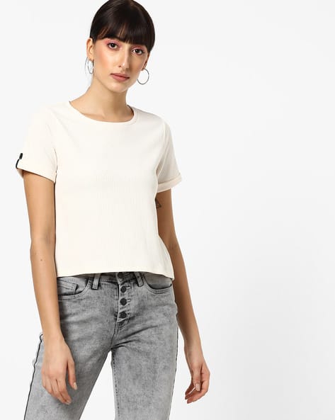 Ribbed Crew-Neck Top with Roll-Tab Sleeves (Image - 2)