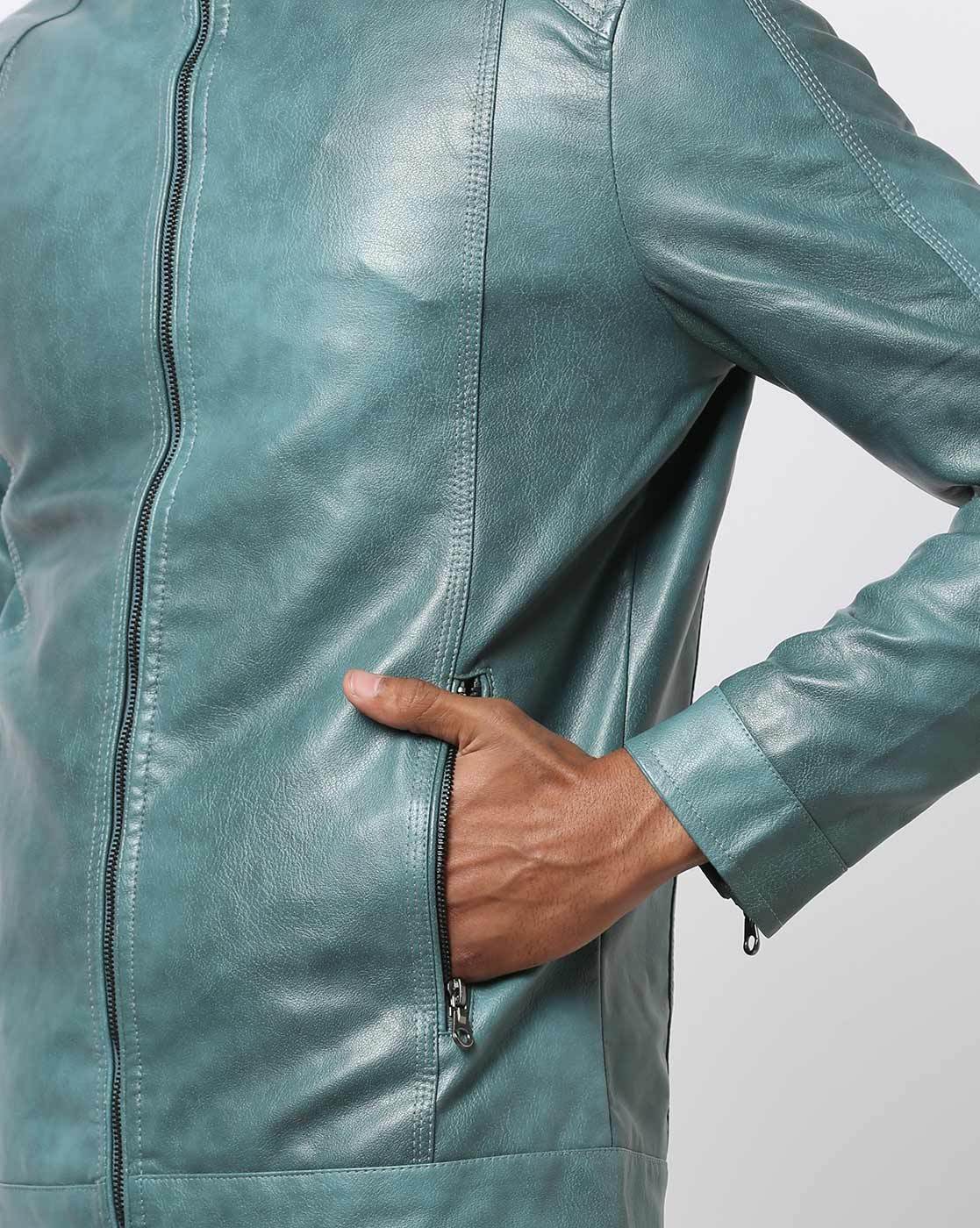 teal green leather jacket