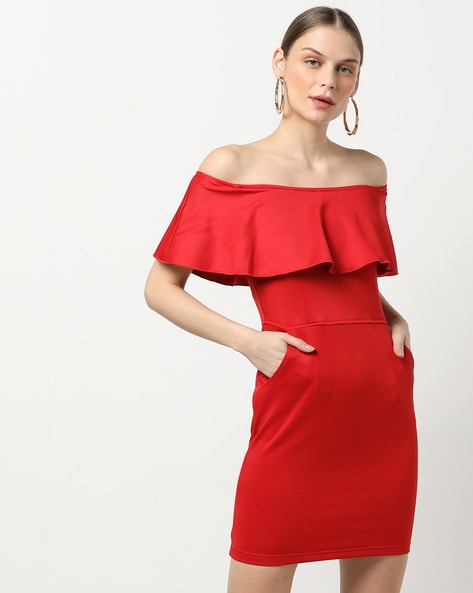 red bodycon off the shoulder dress