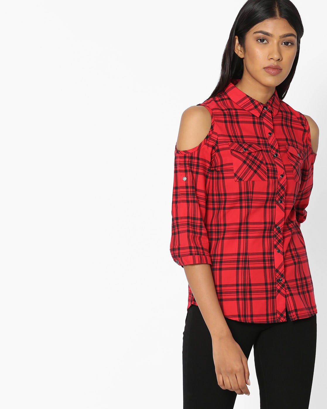 red cold shoulder shirt