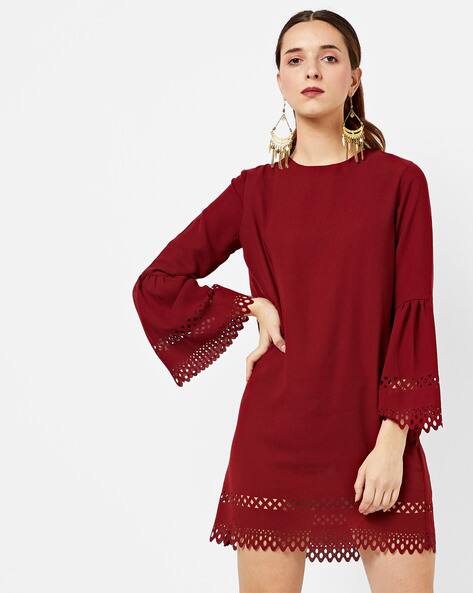 Laser-Cut Shift Dress with Bell Sleeves