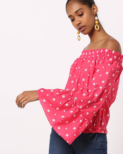 Embroidered Off-Shoulder Top with Layered Sleeves