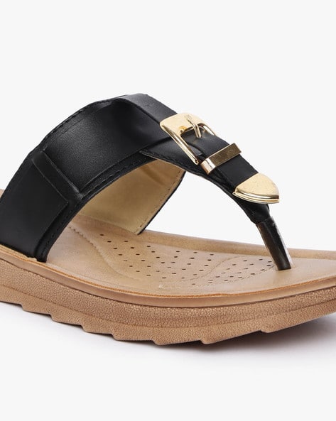 Women T-strap Sandals with Metallic Buckle Accent