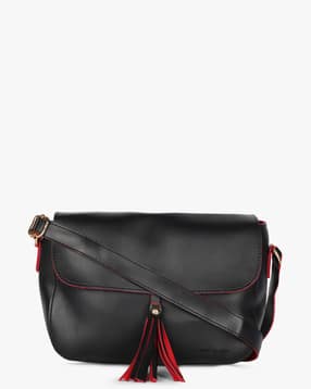 Women S Handbags Online In India Ajio Brands Black Slings Satchels Tased Sling Bag With Flap Closure