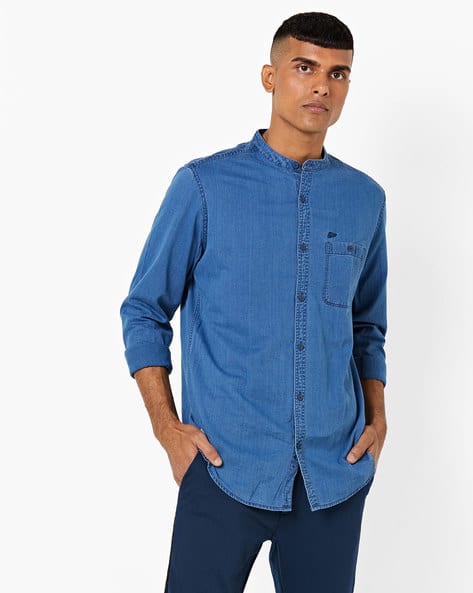 Classic Denim Shirt with Mandarin Collar