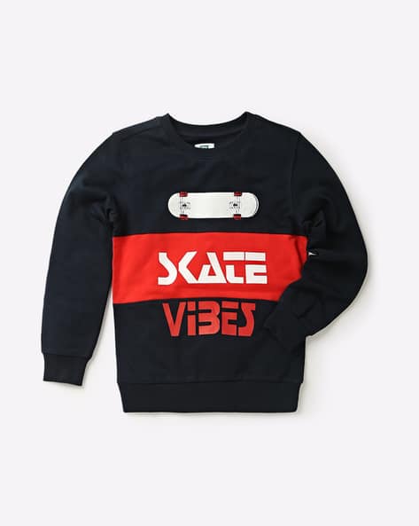 navy blue and red sweatshirt