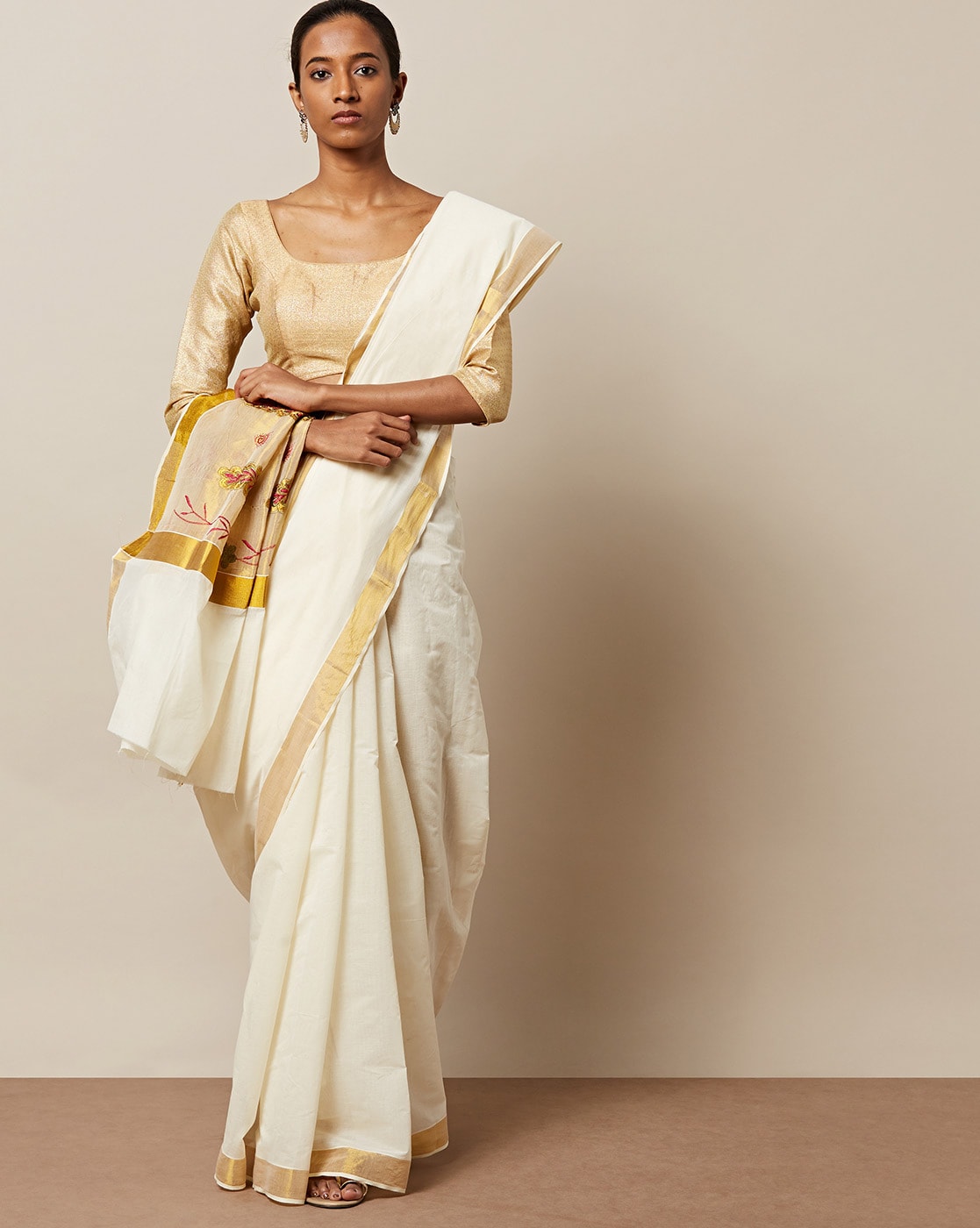 Kasavu Cotton Blend White Saree With Blouse