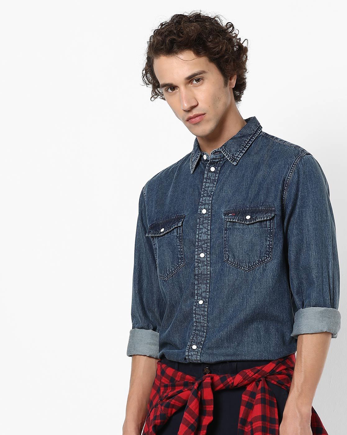 Washed Denim Shirt with Dual Flap Pockets