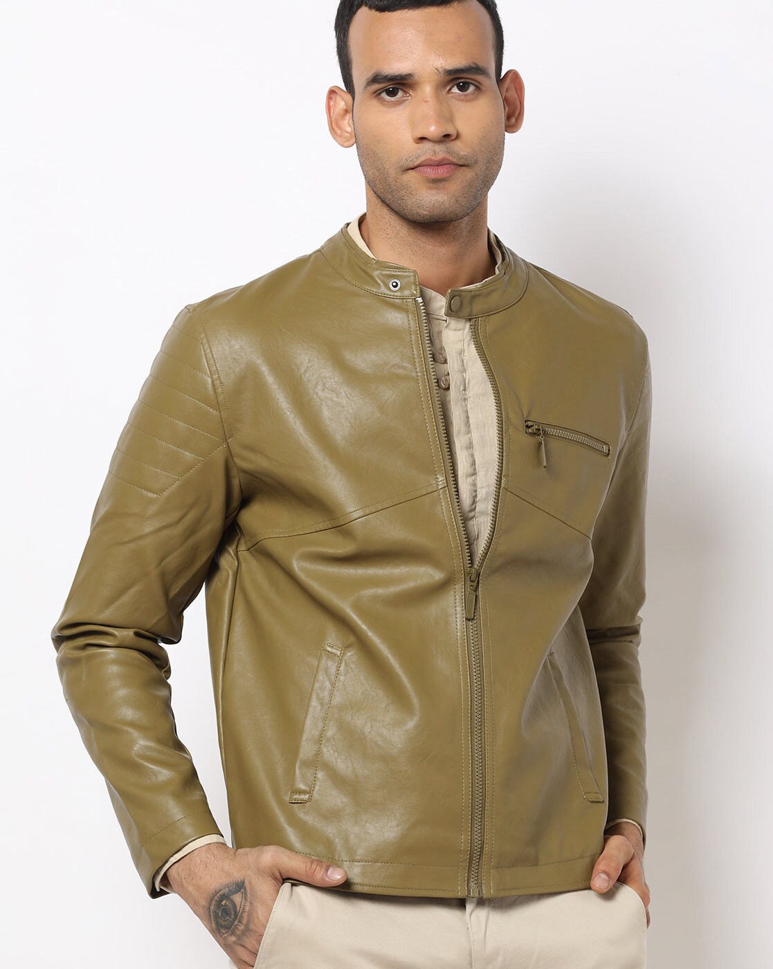 olive green colour leather jacket