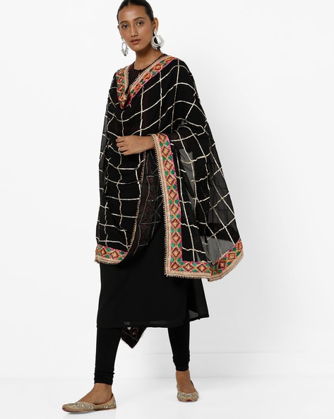 Checked Dupatta with Embroidered Border Price in India