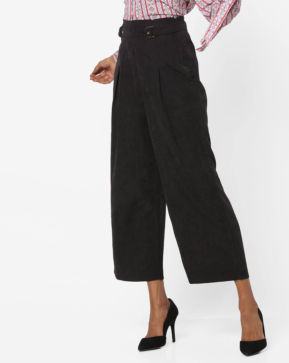 black pleated cropped trousers