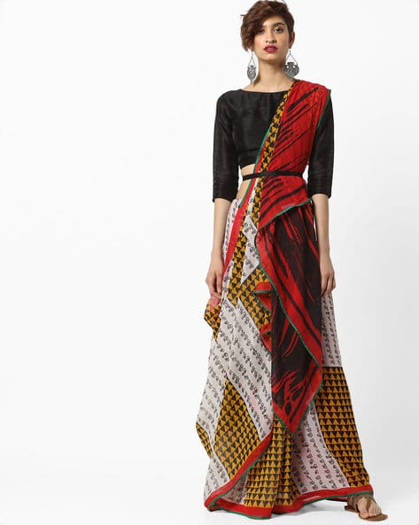 Geometric Print Chiffon Saree With Contrast Border By Florence ( Multi )