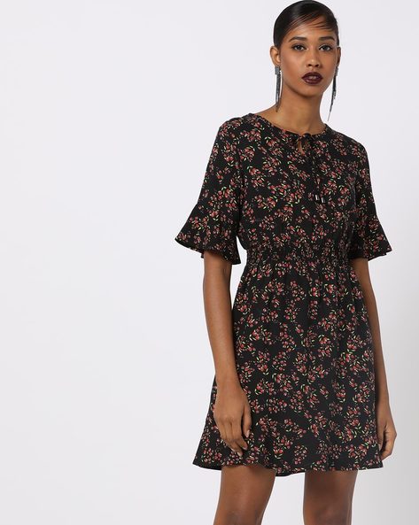 Floral Print A-line Dress with Tie-Up