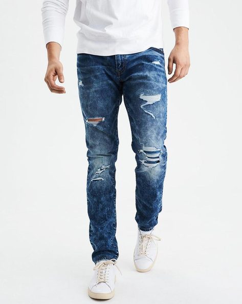 Buy American Eagle Outfitters Blue Distressed Slim Fit Jeans for