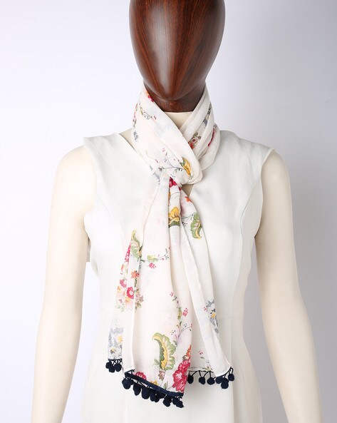 Floral Print Scarf with Pompoms Price in India