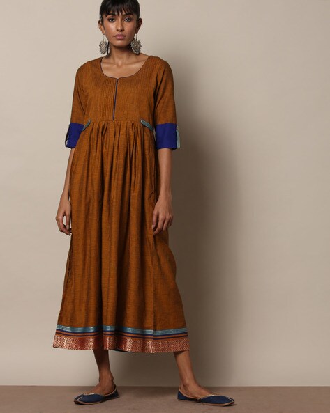 South Cotton Dress with Pintucks Woven Border