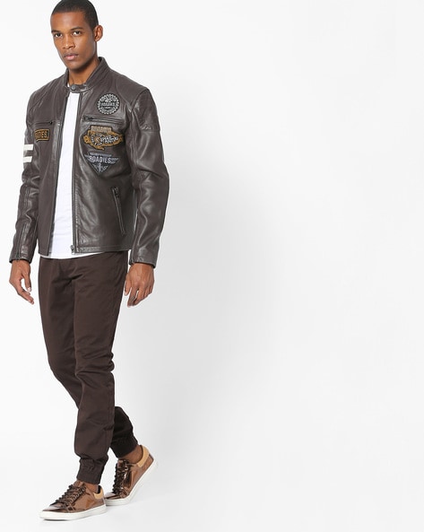 Appliqué biker shop jacket