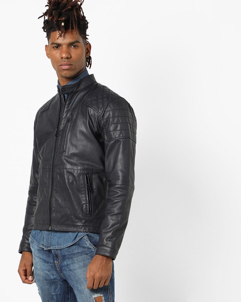 Ribbed Black Biker Leather Jacket