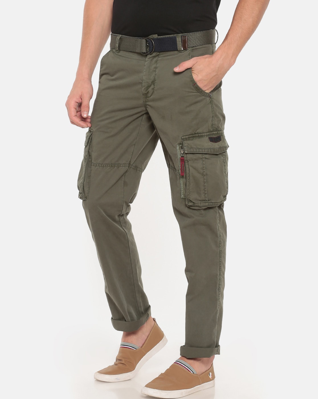 Buy t-base men's Olive Cotton Elastane Rfd Solid Cargo Pant for Men online  India