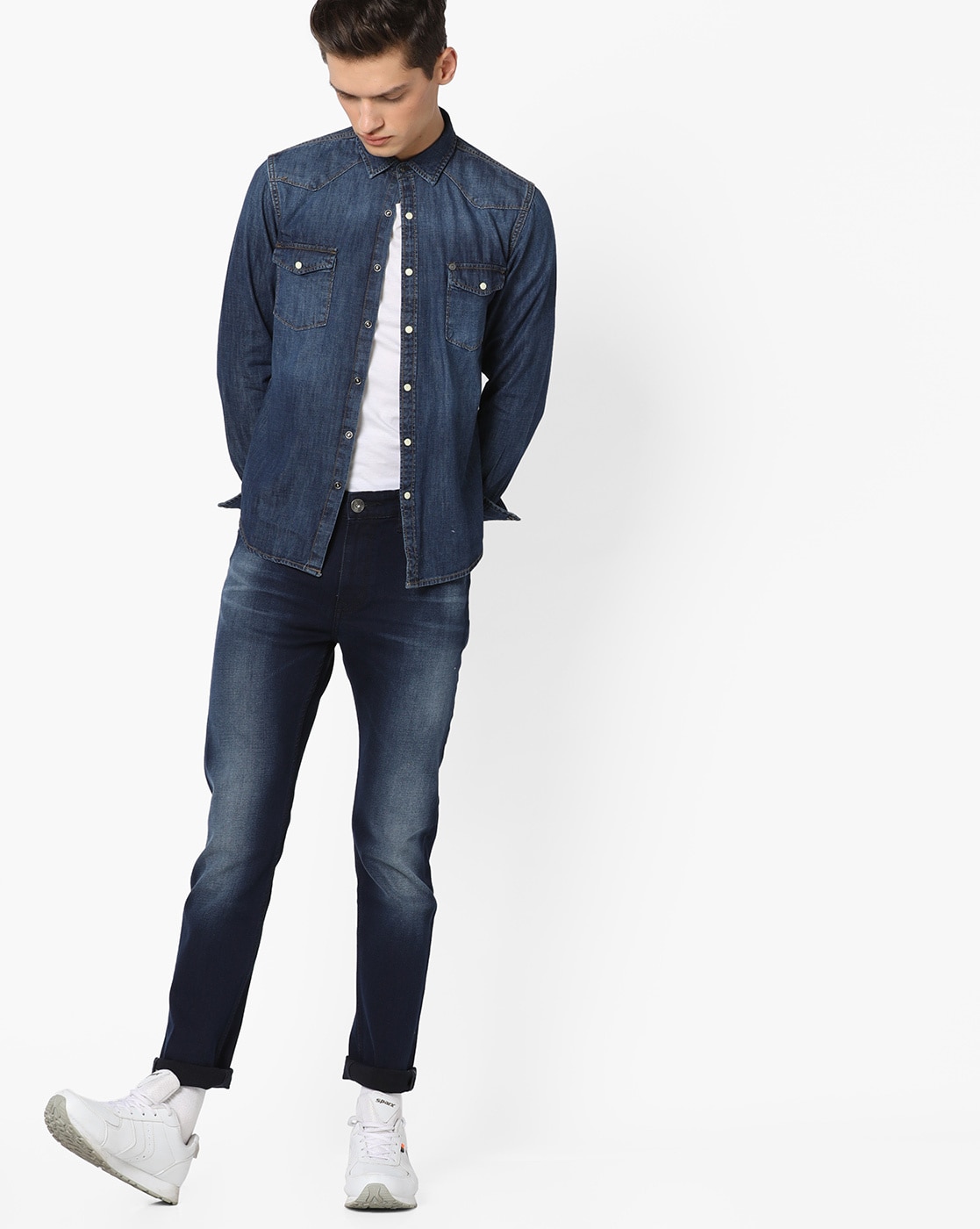 Men s Calvin Klein Jeans blue denim shirt collarless pockets size Medium |  eBay