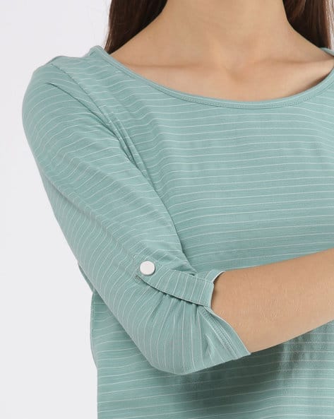 Striped Round-Neck T-shirt with Roll-Up Tabs (Image - 1)