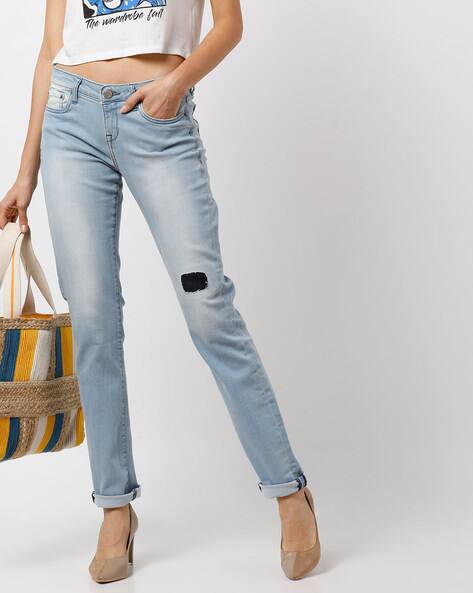 Washed Straight Fit Jeans with Patchwork