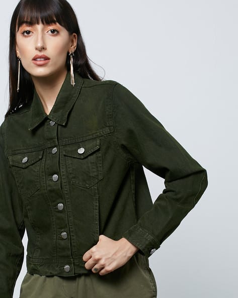 Women Olive Jacket with Buttoned Flap Pockets