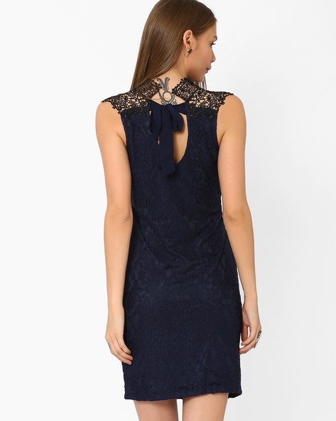 Lipsy Bodycon Dress With Lace Applique Shoulder - Navy in Blue