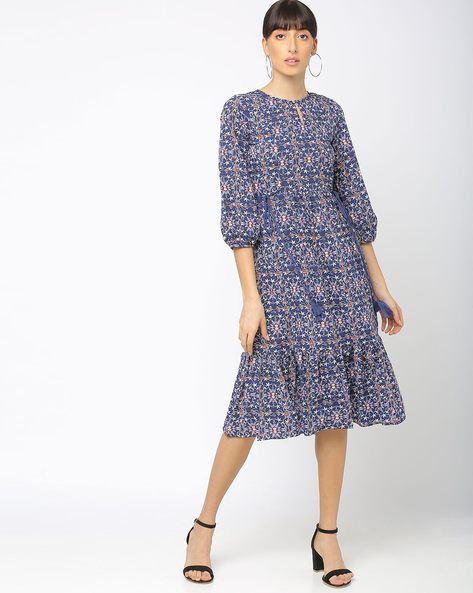Printed Fit & Flare Dress with Waist Tie-Up