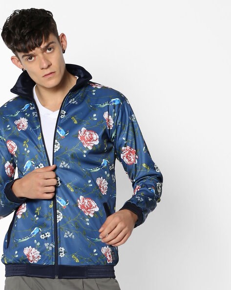 navy blue floral bomber jacket