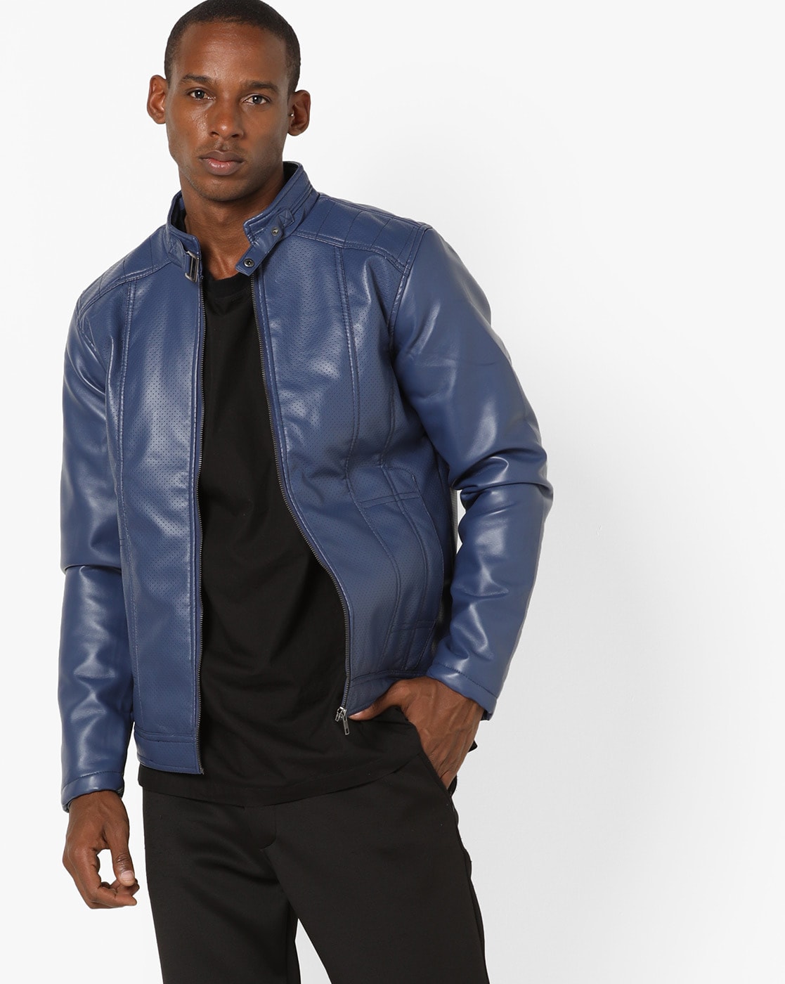 Men's Blue Solid Leather Jackets