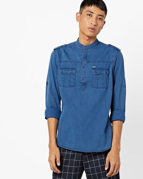 Slim Fit Denim Shirt with Mandarin Collar