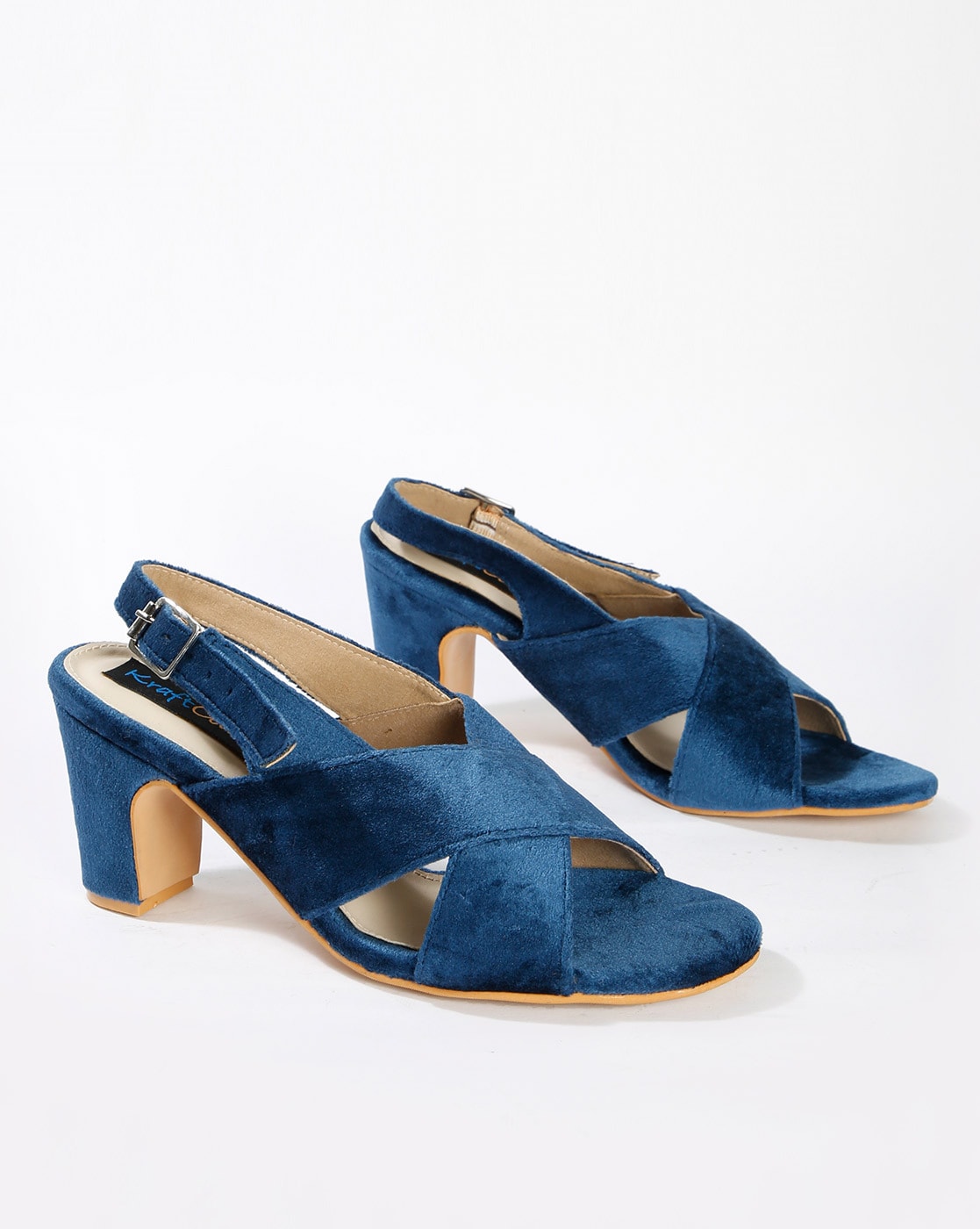 blue velvet chunky heels