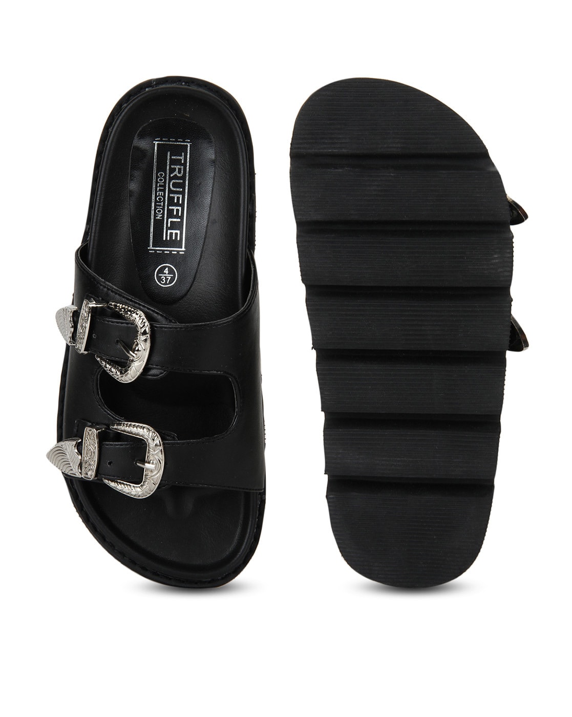 Truffle Collection Wide Fit flatform flip flop sandals in black