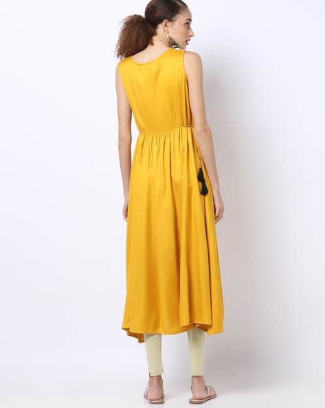 Embroidered A-line Dress with Tasseled Tie-Ups (Image - 1)