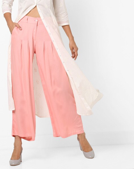 Pleated Wide-Leg Pants with Semi-Elasticated Waist Price in India