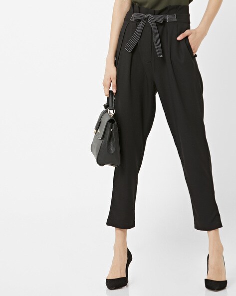 Women's Petite Black Paperbag Waist Tapered Ladies' Trousers – Threadbare