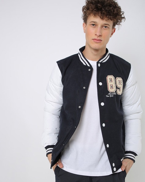 blue and white bomber jacket