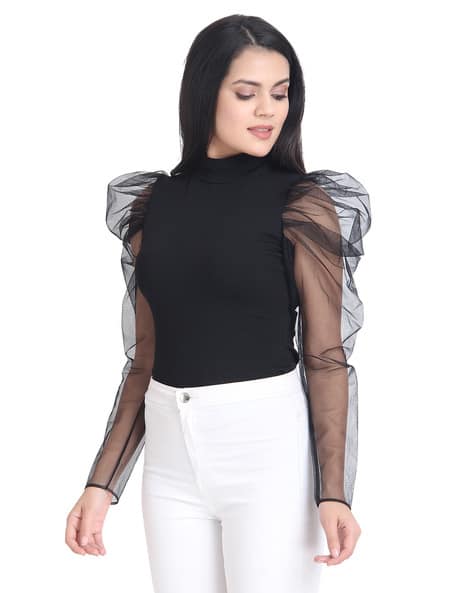 Slim Fit Top with Sheer Sleeves (Image - 2)