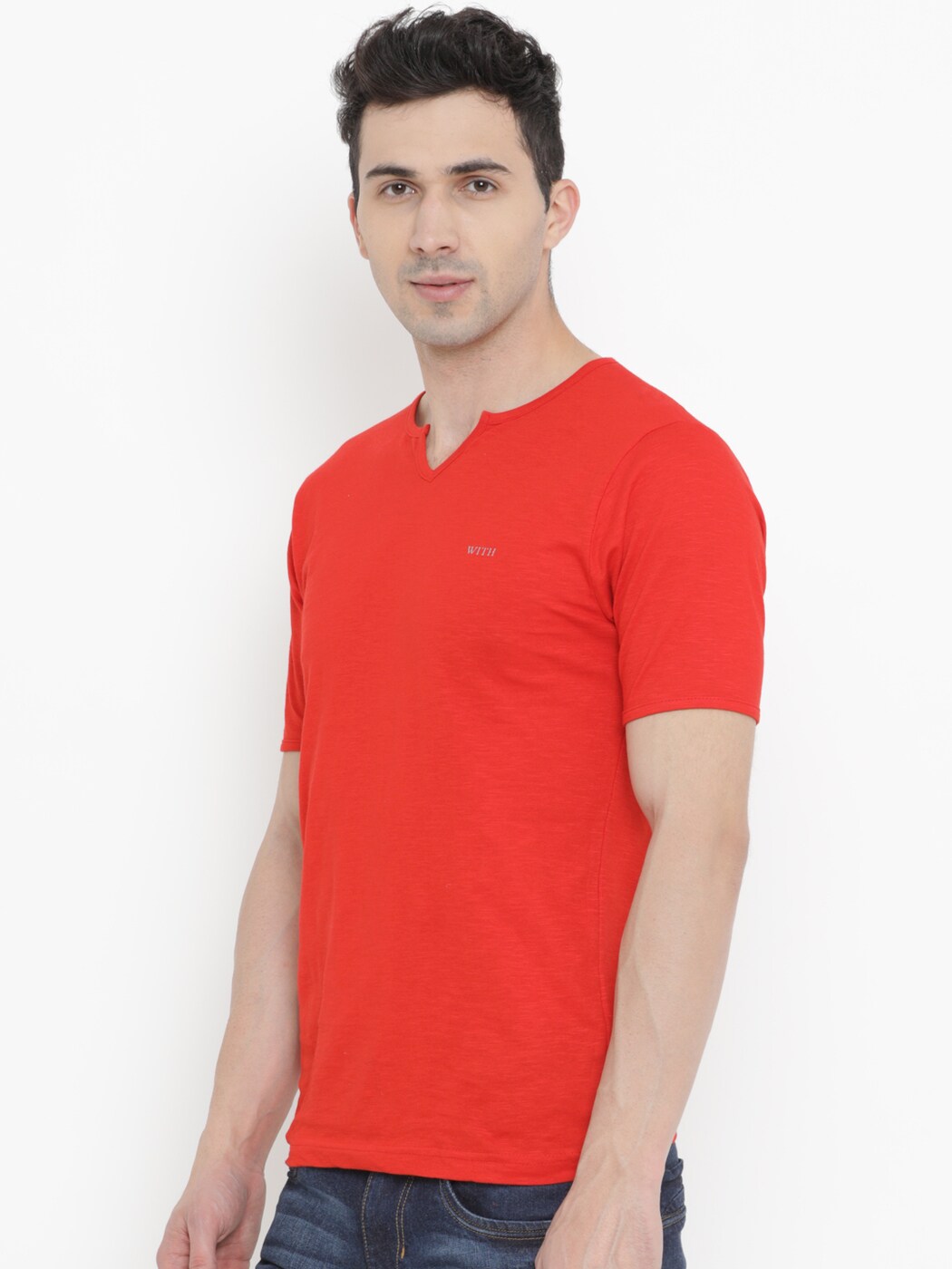 Buy Red WITH Solid Slim Fit V-neck T-shirt | AJIO