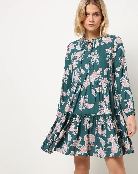 Floral Dress Tiered Short Dress with Tie-Up