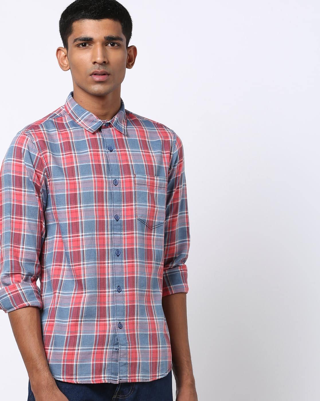 checked slim fit shirt with patch pocket